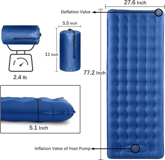Inflatable Sleeping Pad for Camping Ultralight Sleeping Mat with Built-in Foot Pump 5.1 Extra-Thick Camping Mattress Pad for Backpacking Hiking Tent Traveling