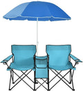 MAT EXPERT Folding Double Camp Chair w/Removable Umbrella Portable Picnic Chair w/Mini Table Chair Set w/Beverage Holder Portable Loveseat Camp Chairs for Beach Backyard Poolside (Turquoise)