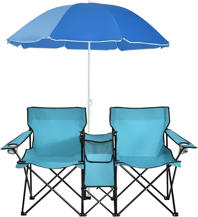 MAT EXPERT Folding Double Camp Chair w/Removable Umbrella Portable Picnic Chair w/Mini Table Chair Set w/Beverage Holder Portable Loveseat Camp Chairs for Beach Backyard Poolside (Turquoise)