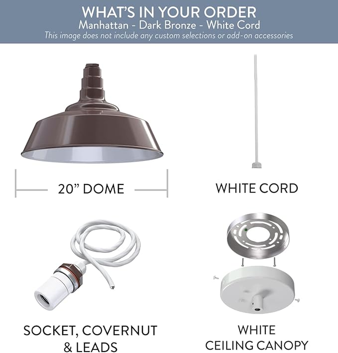 Steel Lighting Co. Manhattan Warehouse Light | Ceiling Mounted Pendant | 20 inch Dome | White Cord | Large Steel Barn Light Made in America | Dark Bronze Exterior/White Interior