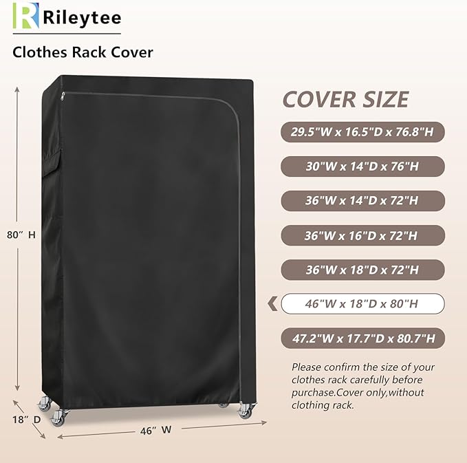 Rileytee Garment Rack Cover600D Heavy Duty Waterproof Clothing Rack CoverClothes Rack Cover with Zipper for Metal Garment Rack(Black46W x 18D x 80HCover Only）