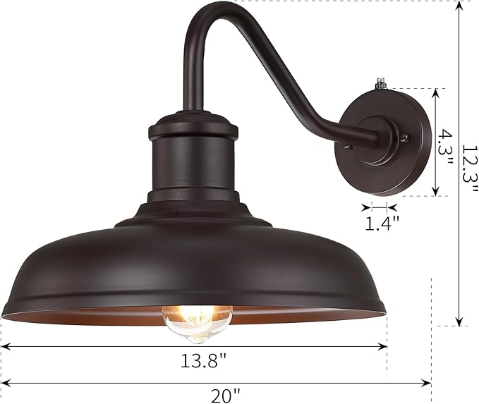 13.8'' Large Dusk to Dawn Outdoor Gooseneck Barn Light 2-Pack Outdoor Wall Sconce Farmhouse Exterior Light Wall Lighting Fixture Industrial Lantern for Porch Entryway Garage Brown