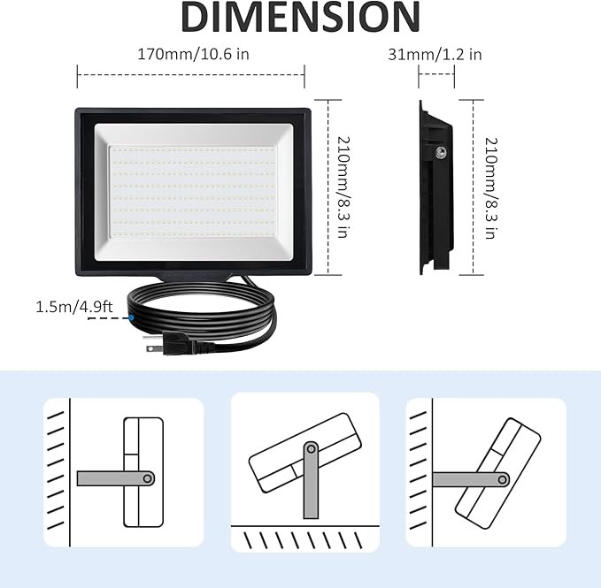Flood Lights Outdoor24000LM Bright Work Light Plug in6500K Daylight White LED Flood Light Outdoor IP66 Waterproof Exterior Floodlight for Yard Garage Stadium 2 Pack (200W)