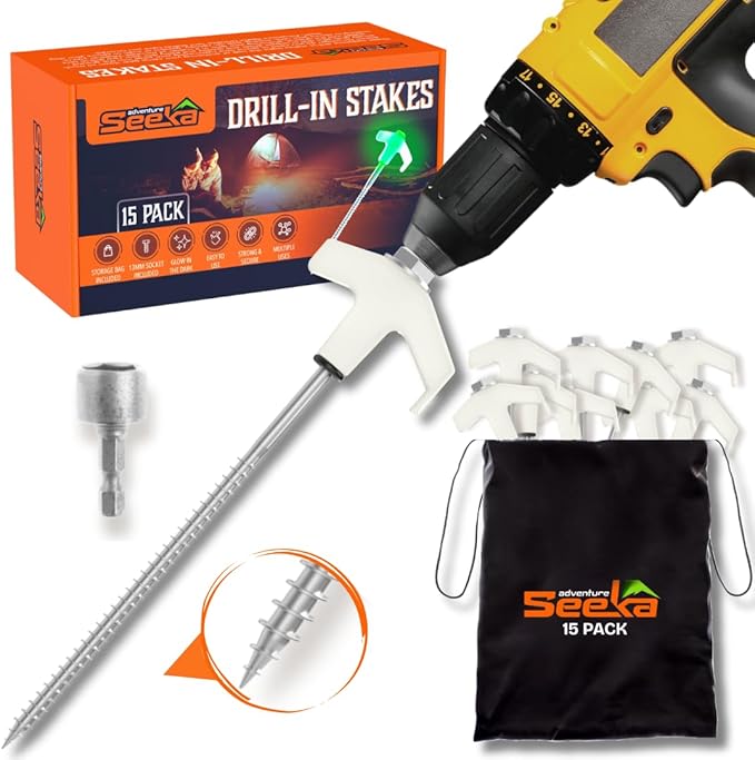 15-Pack 8 Heavy Duty Screw in Tent Stakes Drill-In Ground Anchor Pegs Includes Hex Head Driver &amp Storage Bag
