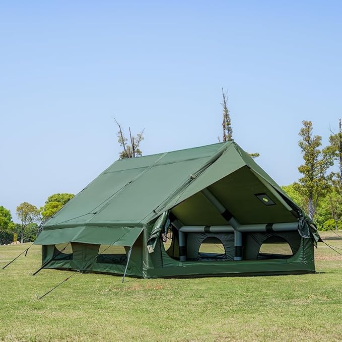 Inflatable Camping Tent with Hand Pump Waterproof Outdoor Blow up Tent 2-8 Person Oxford 4 Season Glamping Air Tent Cabin House with Mesh Windows &amp Door