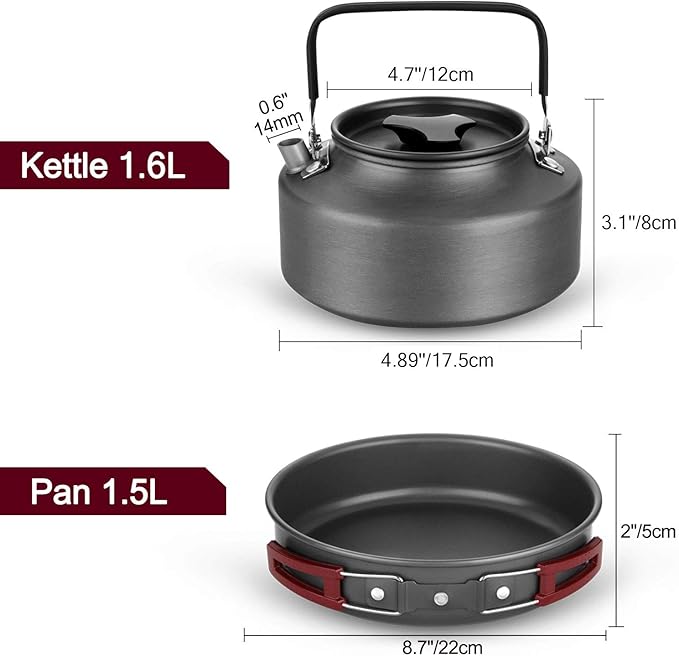 Odoland 22pcs Camping Cookware Mess Kit Large Size Hanging Pot Pan Kettle with Base Cook Set for 4 Cups Dishes Forks Spoons Kit for Outdoor Camping Hiking Picnic