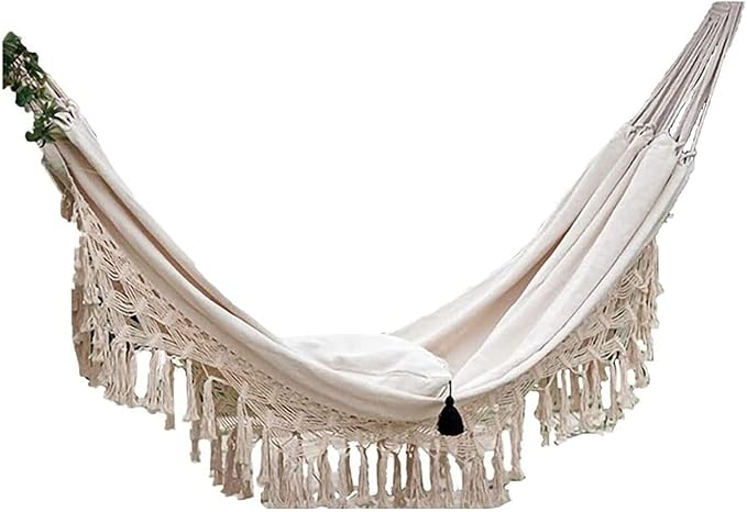 Deluxe Double Hammock Canvas Macrame Fringed Net Swing Chair Portable Hanging Swing Hammock for Camping Bedroom Garden Patio and Porch