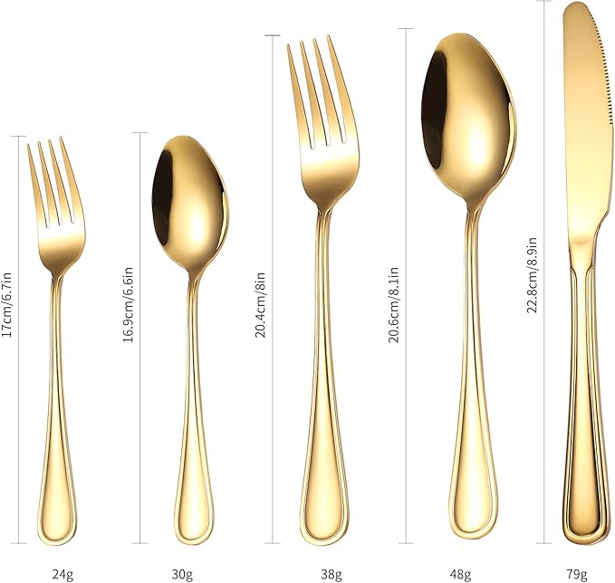 Gold Silverware Flatware Set for 4 Person Luxury Stainless Steel Cutlery 20 Pieces Forks Knives Spoons Modern Eating Utensils Double Line Edges Handle