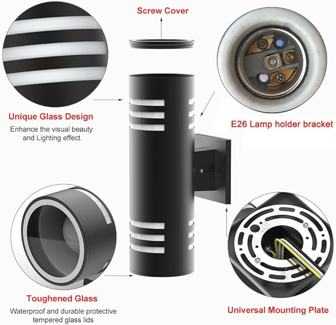 Sytmhoe Cylinder Outdoor Light Fixtures Black Modern Up Down Wall Porch Lights Exterior Wall Sconce Aluminum E26 BaseAnti-Rust Waterproof Wall Lantern for Doorway Garage Patio（1 Pack）