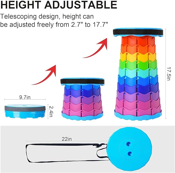 WESAPPINC Upgraded Collapsible Stool Lightweight &amp SturdyMax 400lbs Portable Retractable Telescoping Stool Foldable Camping Stool for Adults Outdoor Hiking Garden BBQ Fishing (Rainbow)