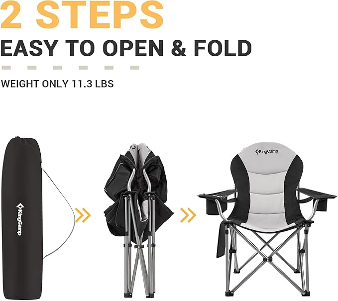 KingCamp Folding Portable Camping Chairs Oversized Padded Quad Arm Chair with Cooler Bag Cup Holder and Side Pocket Heavy Duty Supports 300 lbs for Outdoor Lawn Fishing Sports