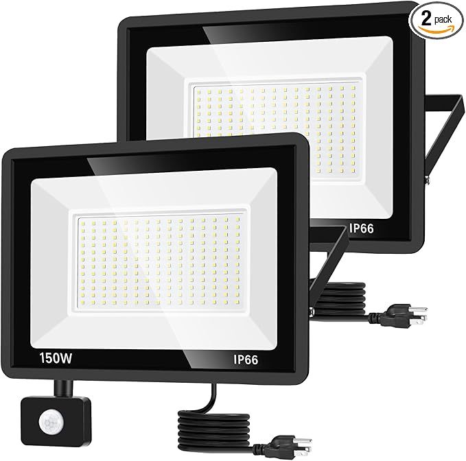 2 Pack 150W LED Motion Sensor Flood Light 5000K Daylight IP66 Waterproof 17000 Lumens Outdoor Security Dusk to Dawn Light for Garage Front Porch Barn