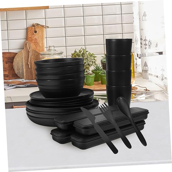 Modern Black Camping Dishes Utensils Set Picnic Plates Bowl Cutlery Dinnerware
