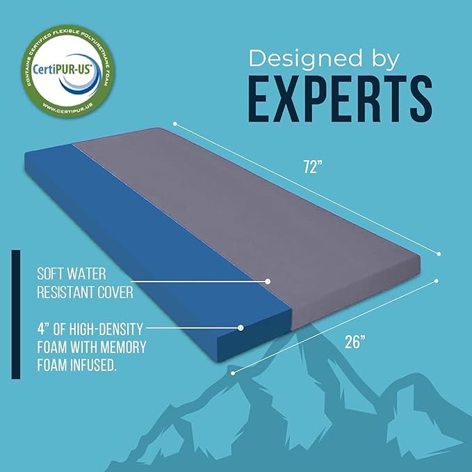 Foamma 4 x 26 x 72 Memory Foam Roll-Up Camping Mattress with Water Resistant Zipper Cover Foldable and Portable for Camping RV Bunk Tent Guest Bed Outdoor and Dorm CertiPUR-US Certified Foam