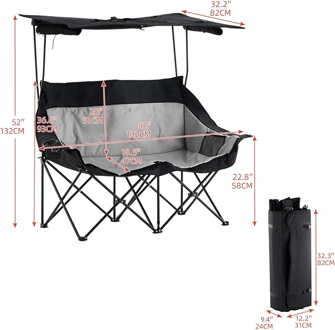 Outdoor Folding Chair with Umbrella Camping Chairs Loveseat Double Oversized Outdoor Chair with Cup Holder&ampCanopy Shade for BBQ Beach Fishing Easy Fold and Carry (Black+Grey)