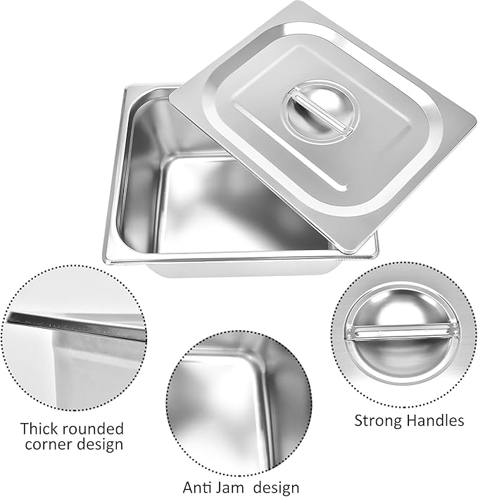 4 Packs Stainless Steel Hotel Pan 1/2 Size x 6 Deep 22 Gauge/0.7mm Thick Steam Table Pan with Lid