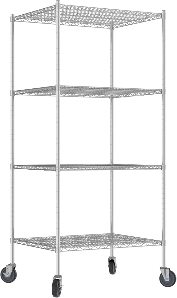 Commercial NSF Listed Chrome Mobile Wire Shelving Kit 30 x 36 x 80 with 4 Shelves Perfect for Warehouse Walk-in Refrigerator Freezer Grocery Store Restaurant Dishroom