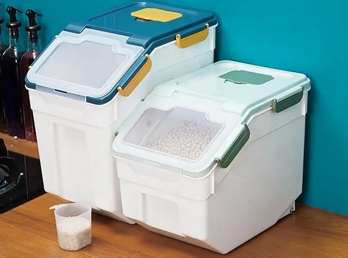 Large Flour Storage Container Bin 25Lb 2Pack Airtight Rice Storage Containers with Wheels Seal Locking Lid BPA Free with Measuring Cup&ampScoop for Flour Rice Grain(Blue)