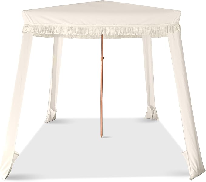 Beach Cabana with Fringe - 6x6 Ft. Boho Beach Canopy Umbrella Tent Portable Umbrellas for Sand with Carry Bag &amp Sandbag Pockets Instant Sun Shade Canopy Tent for Beaches &amp Backyards