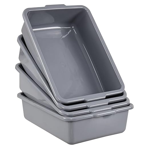 4 Pack Grey Commercial Bus Tubs 22 L Plastic Bus Box Rectangular Utility Bus Trays