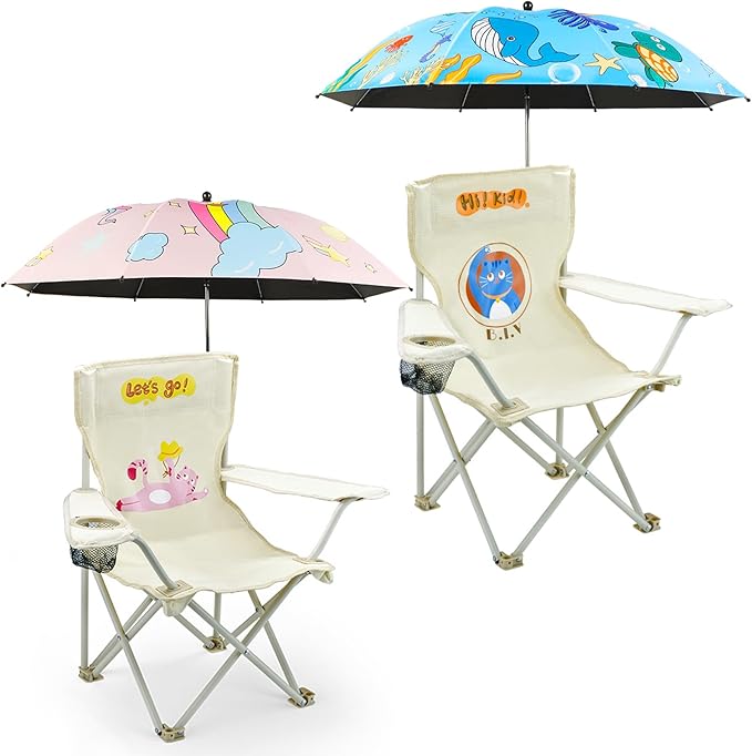 2 Pack Kids Camping Chair - Kids Beach Chair with Umbrella - Foldable Storage Cup Holder Durable wear-Resistant Non-Slip Lightweight Design for Beach Patio Outdoors Lawn (Pink+Blue)