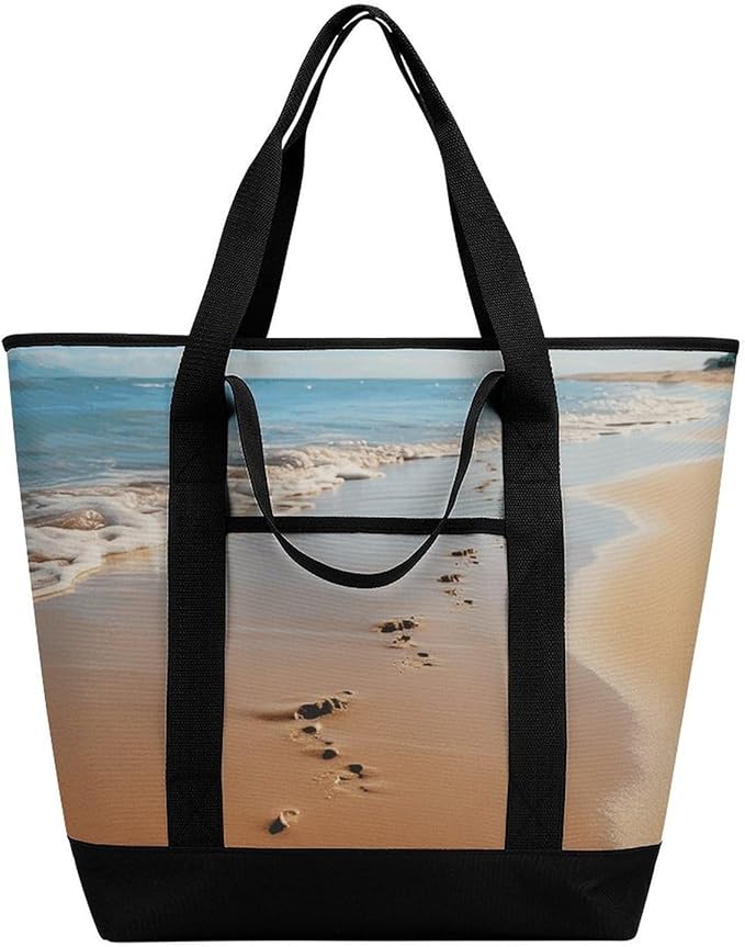 Insulated Shopping BagLarge Reusable Cooler Bags Beach Footprints Printed Foldable Shopping BagTravel Waterproof Shoulder Bag