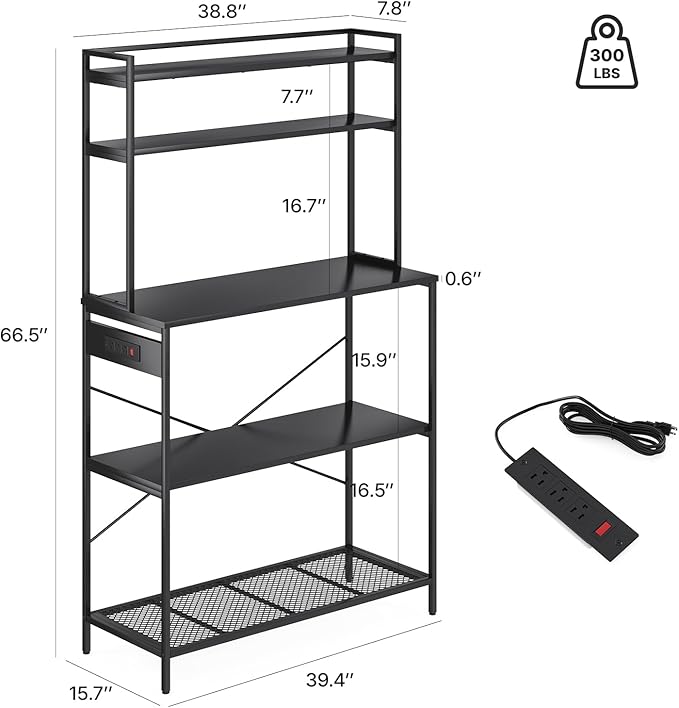 Large 5 Tier Bakers Rack with Electrical Outlets 39 Inch Microwave Stand Coffee Bar Kitchen Storage Shelf for Home Counter Space Organizer