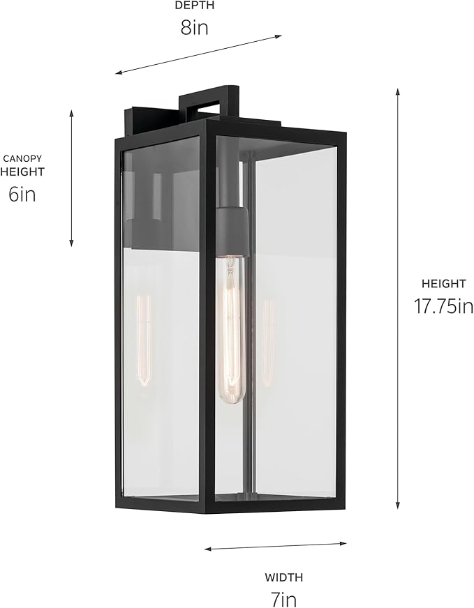 Kichler Branner 1-Light Textured Black Luxe Updated Traditional Outdoor Wall Light with Clear Glass for Outdoor Walls Exterior Doors Garage Porch or Patio Walls 17.75