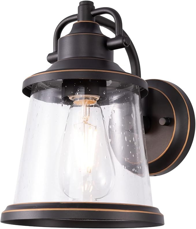 GRUENLICH Outdoor Wall Lantern Wall Sconce as Porch Lighting Fixture E26 Medium Base Metal Housing Plus Seeded Glass Oil Rubbed Bronze Finish Bulb Not Included 1-Pack