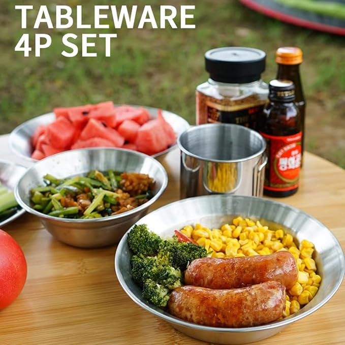 4PCS Camping Mess Kit Stainless Steel Camping Dishes Set Dinnerware for 1-2 Person Dishes and Bowl Set for Backpacking Hiking Picnic RV Travel