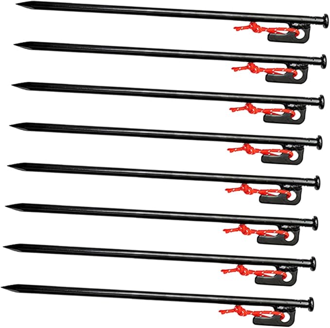 Kisangel 8pcs Heavy Duty Metal Tent Pegs with Rope 30cm Black Ground Stakes Set for Outdoor Camping Tarp Fixing and Windproof Tent Anchors with Storage Bag