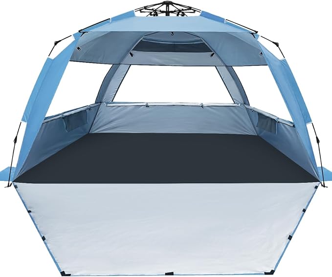 WhiteFang Deluxe Pop Up Beach Tent Sun Shade Shelter for 3-4/5-6 Person UV Protection Extendable Floor with 3 Ventilating Windows Plus Carrying Bag Stakes and Guy Lines