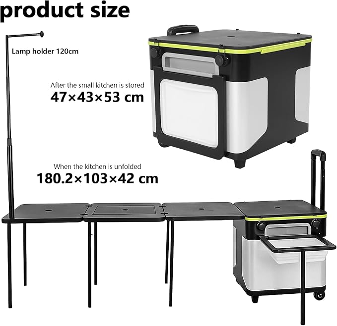 Multifunctional Outdoor Kitchen Station with Wheels Folding Overland Camping Kitchen Table with Light Poles for Picnic Party Beach BBQ Cooking Indoor