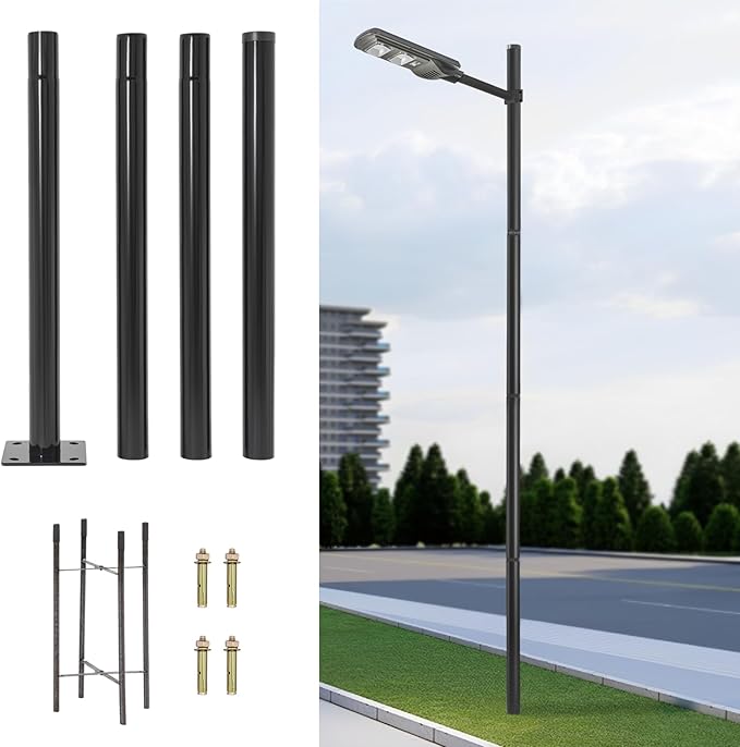 13Ft Tall Street Light Pole Black Galvanized Metal Solar Street Lamp Post Outdoor Street Courtyard Parking Lot Lighting Post with Ground Cage Solar Street Lamp Post for Patio Backyard
