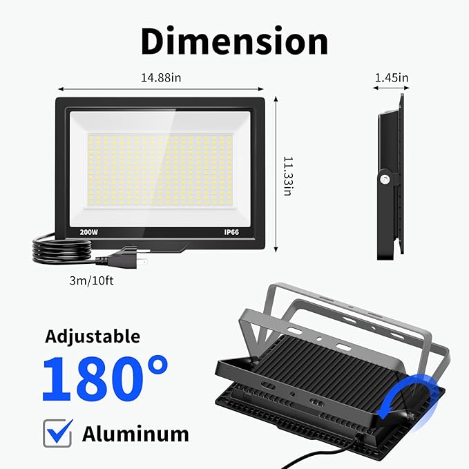 2 Pack 200W LED Flood Lights Outdoor 24000LM Brighter Security Lights with Plug+10ft Cord IP66 Waterproof 5000K White Floodlight for Yard Garden Stadium Playground Arena