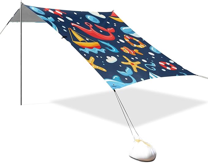 Nautical Seamless Pattern Camping Sun Shelter Beach Tent Portable Beach Sun Shade Outdoor Canopy for Camping Trips Fishing Picnic