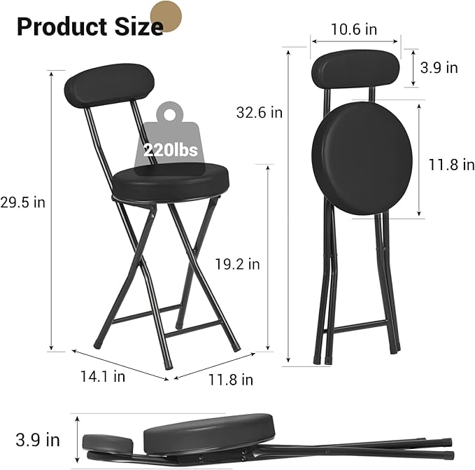 Cushioned Padded Folding Stools Folding Bar Stool with Backrest 220lb Capacity 19 Inch Collapsible Round Portable Foldable Chair for Outdoor Indoor Kitchen Camping Fishing (Black 2 Pack)