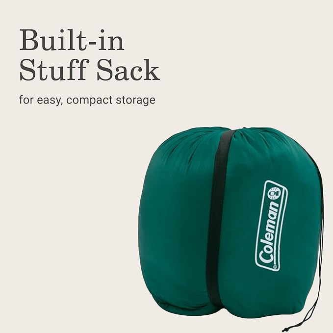 Coleman Cozy 30°F Sleeping Bag with Integrated Removable Fleece Liner Built in Stuff Stack for Easy Storage Easy Zip Easy Clean Green