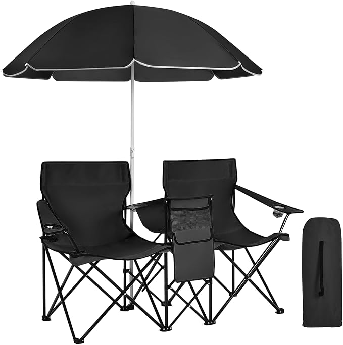 Beach Chair with Umbrella Portable Camping Chair with Cooler Bag Cup Holders Side Pocket Carrying Bag Double Folding Chair for Picnic Patio Canopy Outside (Black)