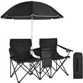 Beach Chair with Umbrella Portable Camping Chair with Cooler Bag Cup Holders Side Pocket Carrying Bag Double Folding Chair for Picnic Patio Canopy Outside (Black)