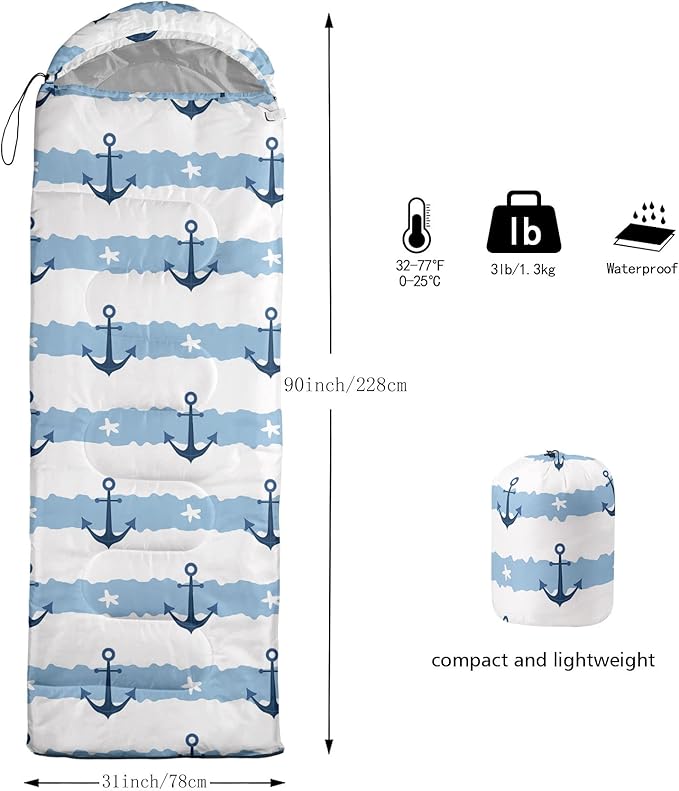 Kids Sleeping Bag for Boys GirlsNautical Anchor-Lightweight Warm Portable Outdoor Indoor-Waterproof Cold Weather Resistant Sleeping Bag for Camping Hiking(Nautical Anchor)