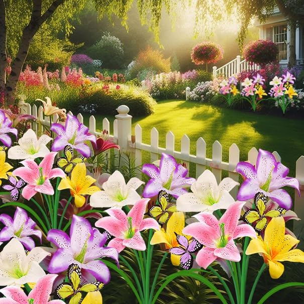 Solar Garden Lights 2 Pack with 8 Lilies Outdoor Decorative Flower Lights for Garden Gift for Family and Friends IP65 Waterproof Flower Solar Outdoor Stake Lights for Yard Patio Lawn Pathway