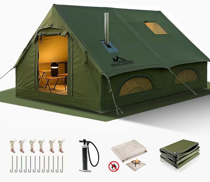 Inflatable Camping Tents 8-10 Person129 Square Feets Large Inflatable Camping Tent with Stove JackBlow up Tent with Mesh Windows &amp Pump
