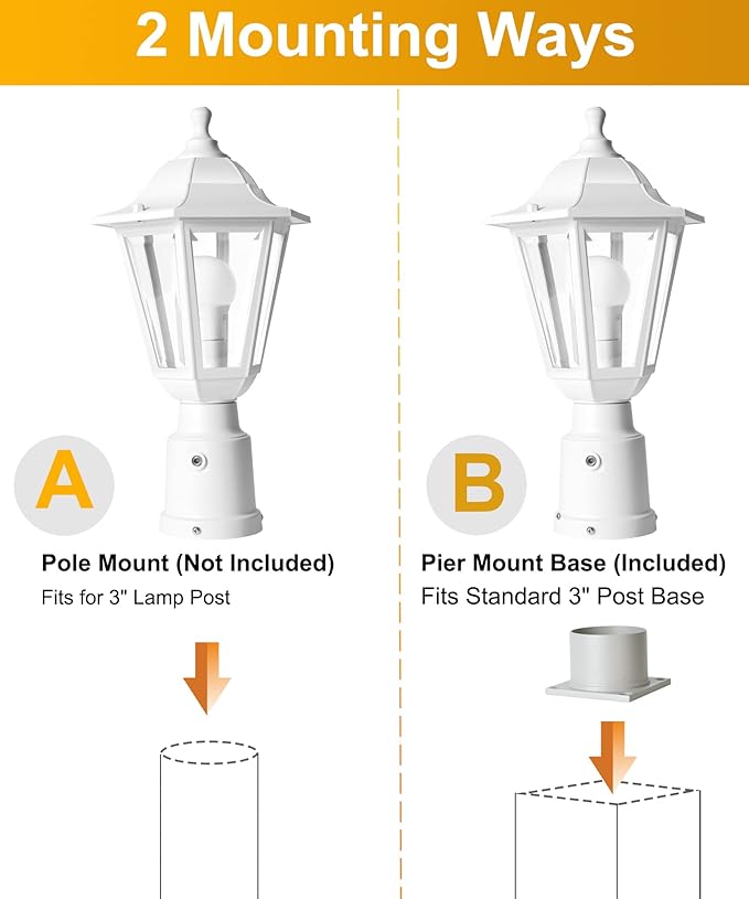 FUDESY Dusk to Dawn Outdoor Post Light White Modern Exterior Post Lantern with Pier Mount Base Plastic Waterproof Lamp Light Fixture for Garden Yard Patio Pathway LED Bulb Included