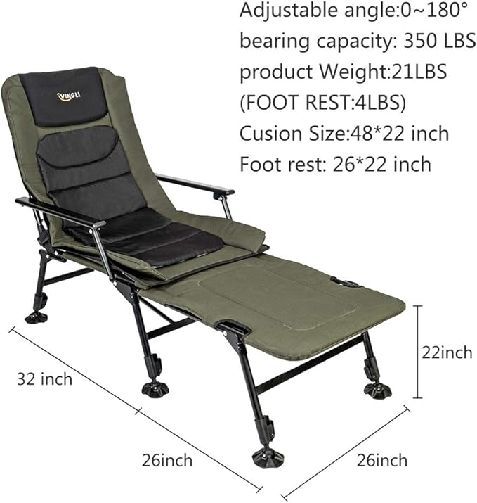 VINGLI Heavy Duty Fishing Chair with Footrest Support 440 LBS Oversized Camping Chairs with 160° Adjustable High Back Beach Chair for Outdoors/Yard/Forest