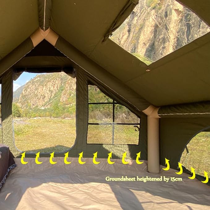 Large Luxury Inflatable Camping Tent Cotton Canvas Tent Breathable and Waterproof Air Tent with Skylight and Stove Jack Hole for for 4-6-8-10 Person Family Camping