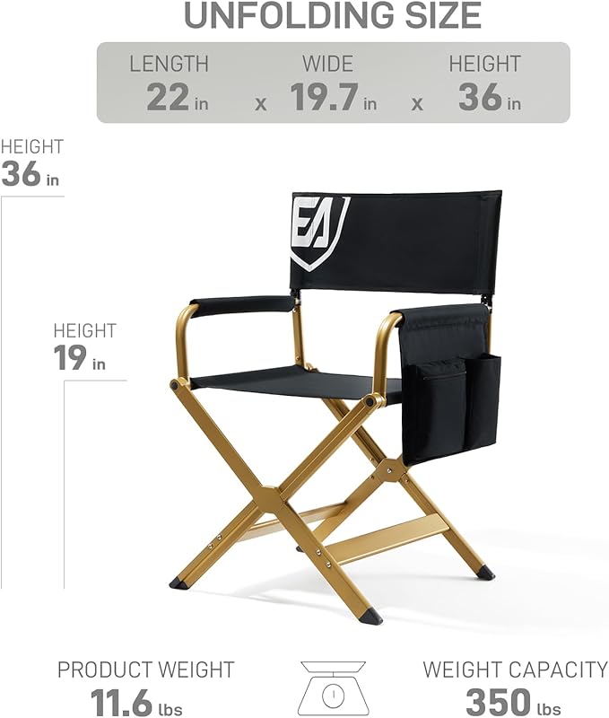 EVER ADVANCED Aluminum Directors Chair Folding Studio Movie Chairs Camping Event Vendor Chair 19 Seat Height Black Fabric/Golden Frame Support 350lbs