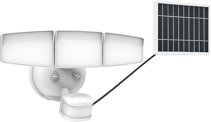 HALO Next Gen Solar-Powered LED Security Floodlight 3 Head w/Motion Sensing Dusk to Dawn Adjustable Brightness - White
