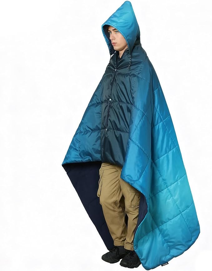 zzlamb Hooded Stadium BlanketWaterproof Outdoor Camping Blanket Polar FleeceWarm Windproof Portable for StadiumSportsPicnicBeachCarPets56x75in Lake Blue Fade