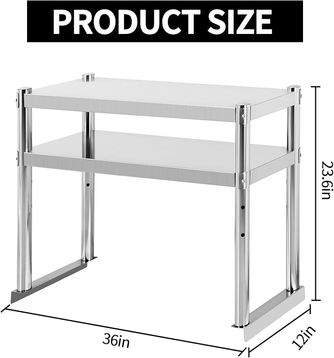 Stainless Steel Double Overshelf 36''L x 12''W Commercial 2 Tier Overshelf Height Adjustable Overshelf for Prep Work Table in Kitchen Restaurant